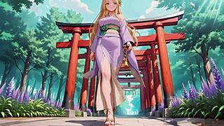 I saw blonde kneeling barefoot under red torii gate