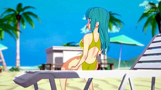 Anime girl in yellow swimsuit masturbates on the beach