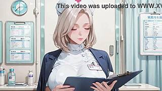 Blonde nurse kneels secretly in hospital corridor staring back