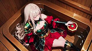 Ai Generated Forbidden Fantasy In Red Blonde Knight Lounges Seductively While Her Silver Haired Partner Kneels To Serve