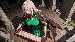 blonde knight in green uniform stares at ruins