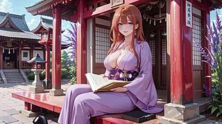 Goddess adjusts wet kimono shyly