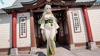 Ai generated silver haired shrine maiden teases in red corridor