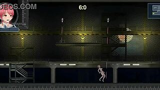 สาวผมแดงใกล้ชิดกับหุ่นยนต์ชายในฉากเฮนไตไอดอลรันในเกมเอโรติกนี้