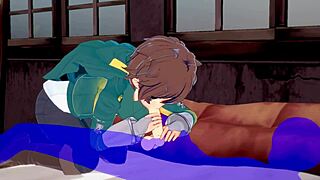 Lodzik Kazumy kończy się spermą w ustach w grze yaoi Konosuba