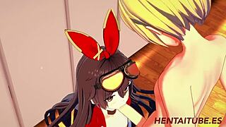 Genshin Impact hentai Amber handjob blowjob boobjob knullad sperma i mun fitta