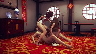 3D动画HS2与两个棕发美女在行动中